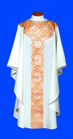 #2041 Concelebrant Chasuble Tailored a white linen-weave polyester gold
